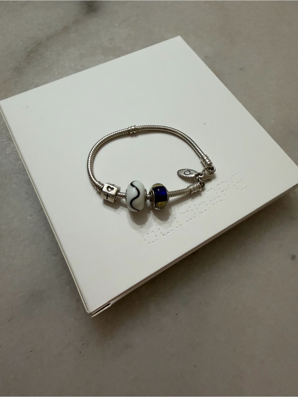 Pandora Silver Bracelet with White and Blue Charms